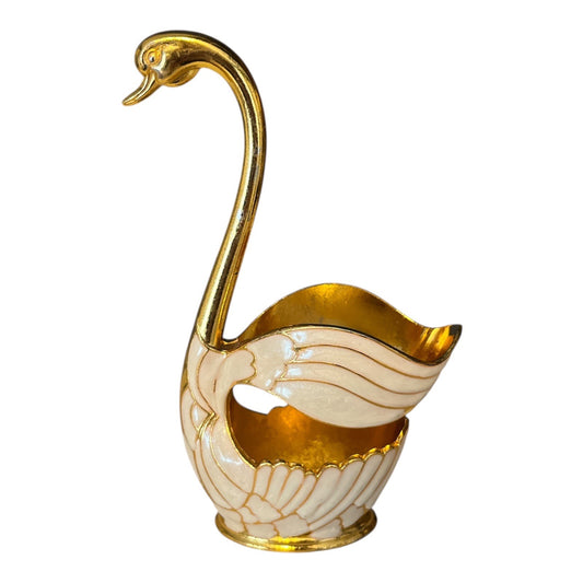Vintage Swan Trinket Holder – Gold-Tone & Cream Enamel – 6" Long – Decorative Catchall Dish
