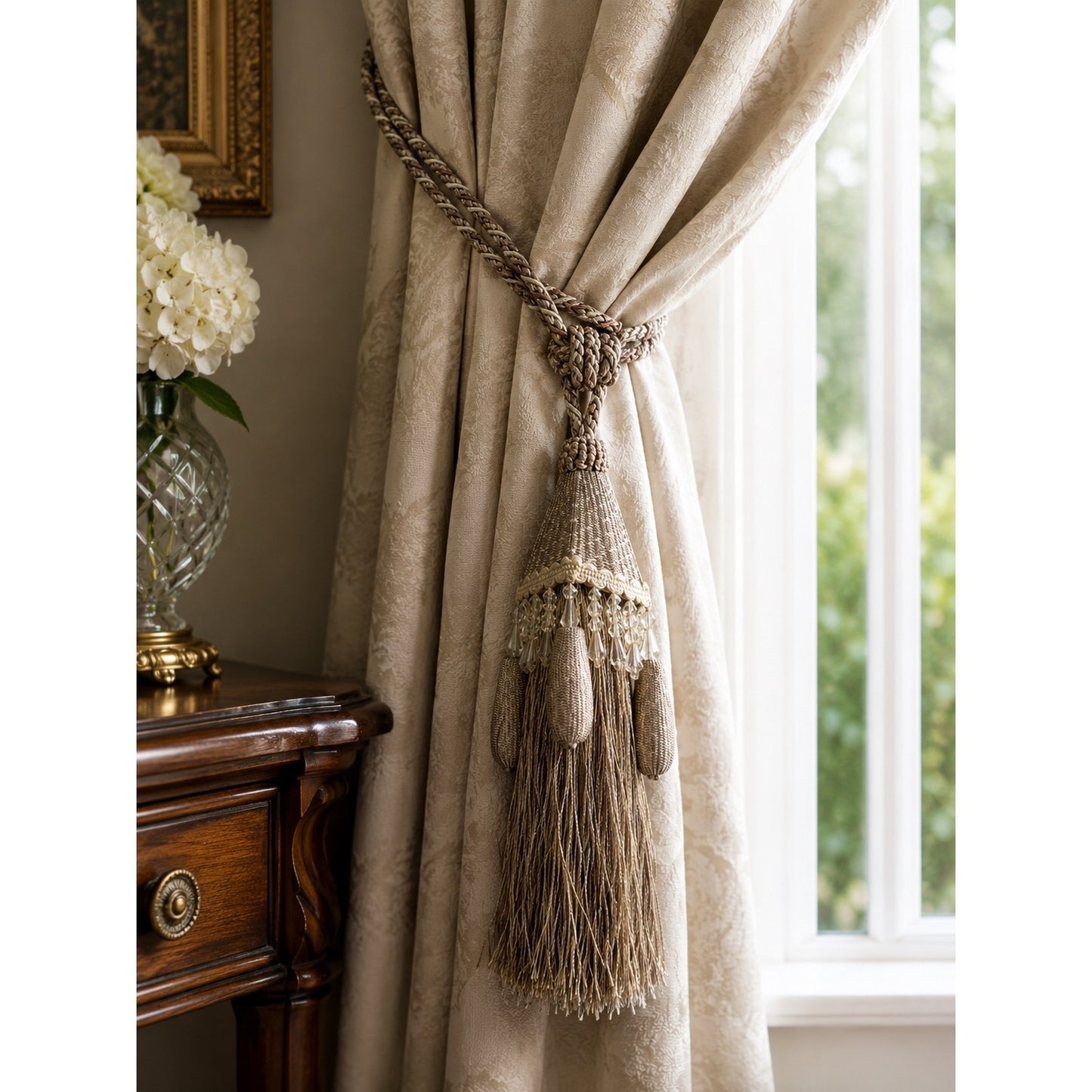 Decorative Beaded Curtain Tieback 26 Inch Taupe Champagne Tassel Drapery Holdback