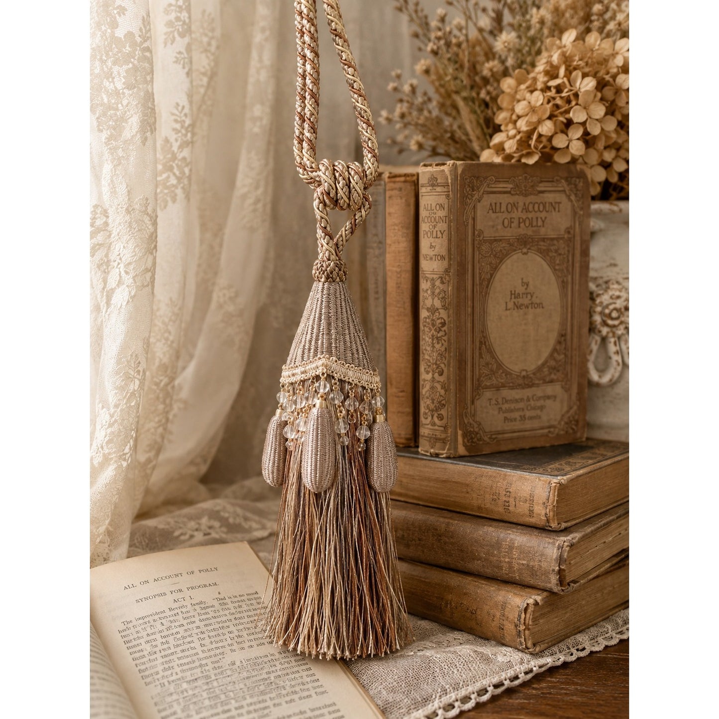 Decorative Beaded Curtain Tieback 26 Inch Taupe Champagne Tassel Drapery Holdback