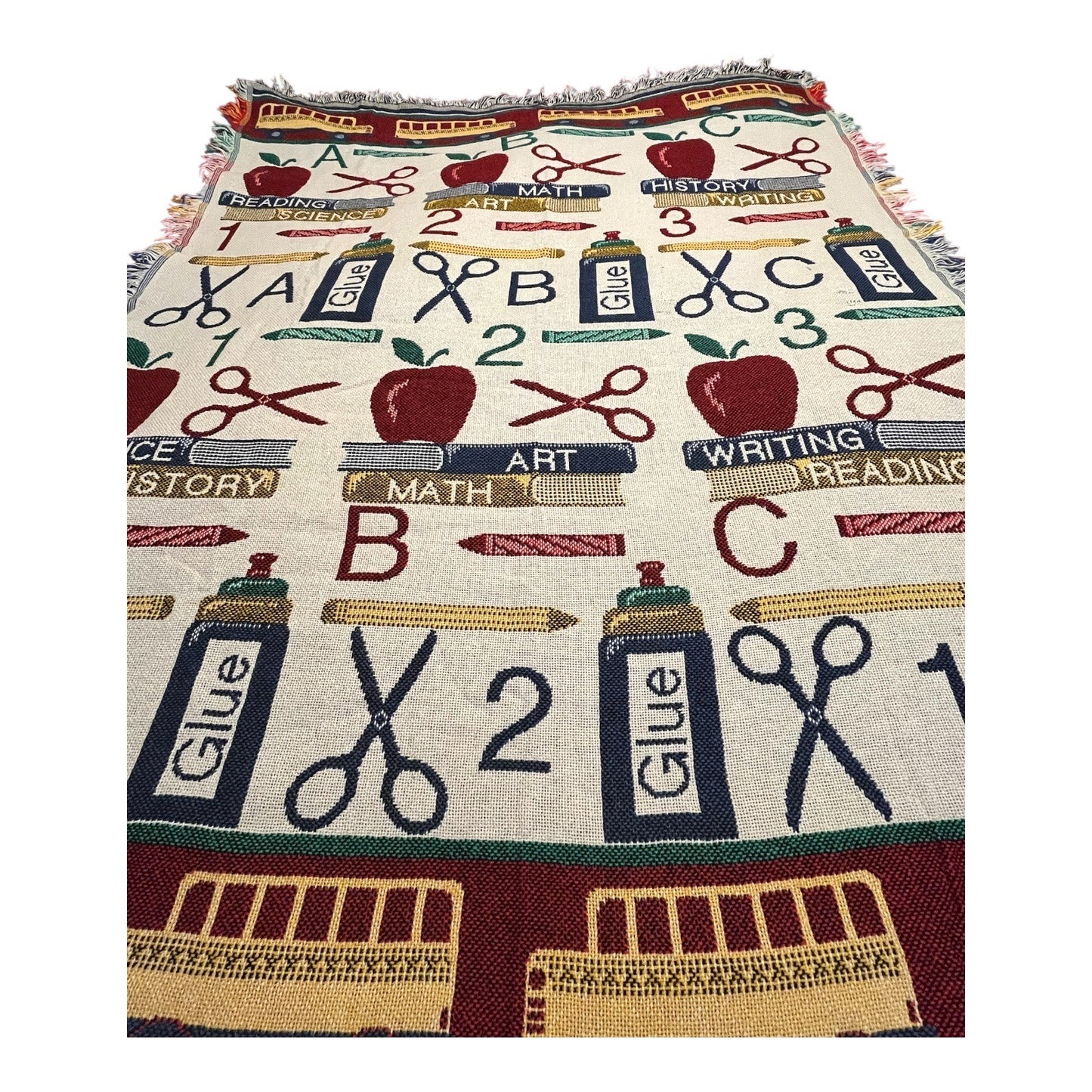 VTG Goodwin Weavers Teacher Throw Blanket – School Classroom Bus Books Apples