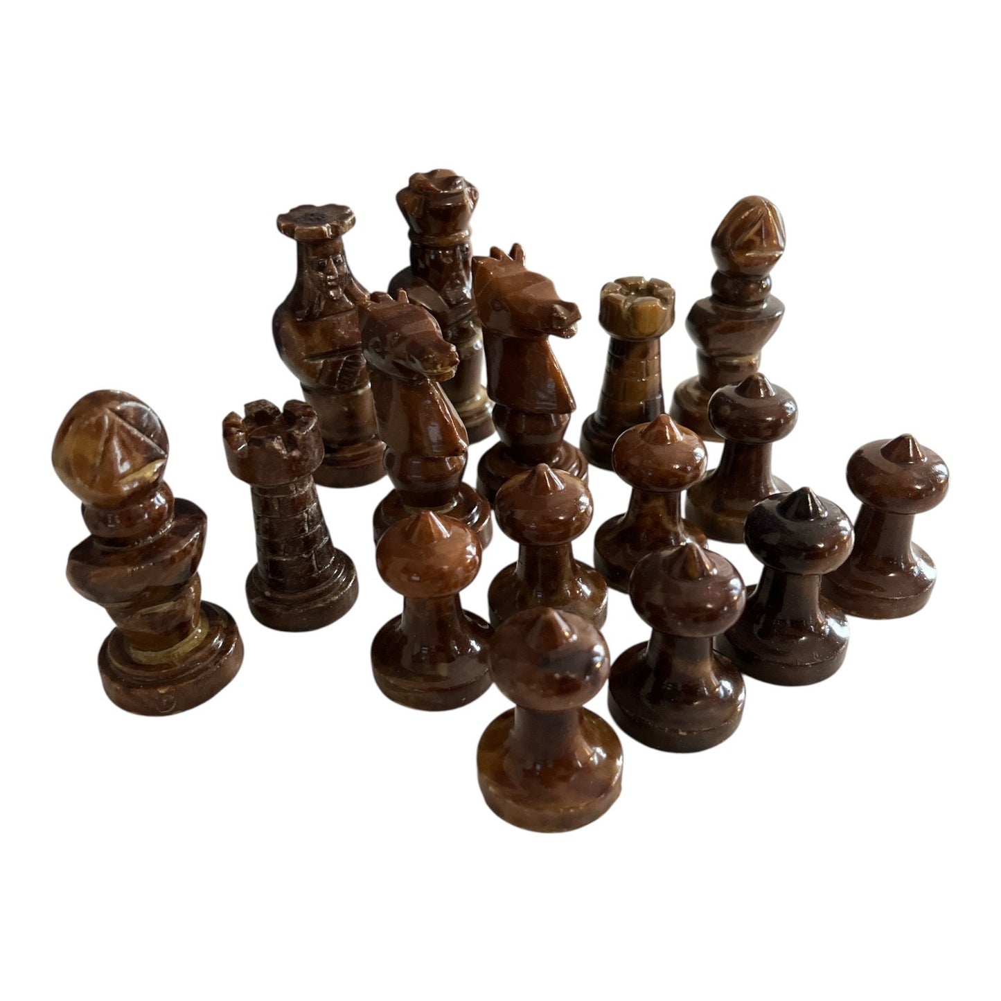 Vintage Italian Alabaster Chess Pieces – Handcarved by G. Bessi, Volterra – Brown Stone Half Set (16 pcs)