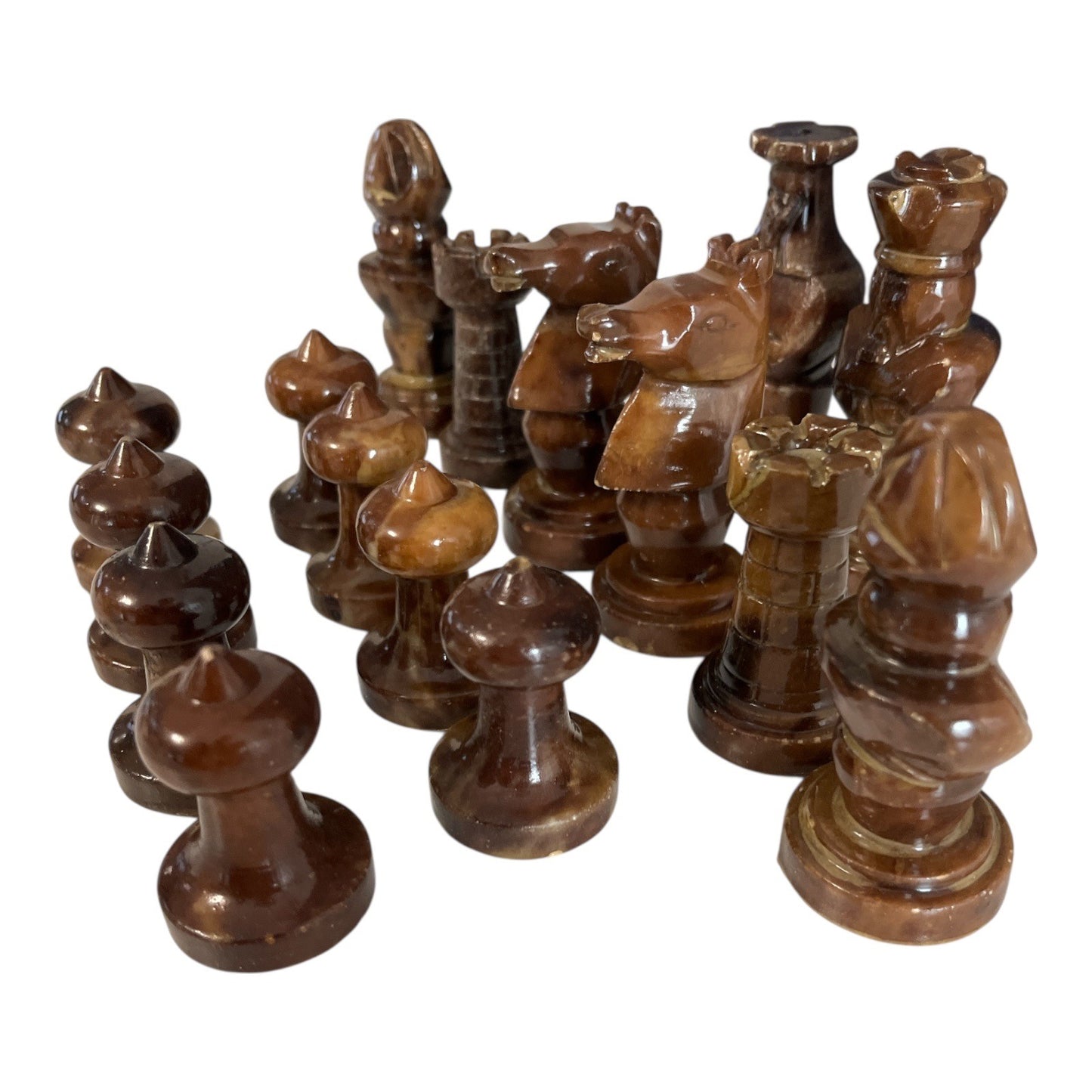 Vintage Italian Alabaster Chess Pieces – Handcarved by G. Bessi, Volterra – Brown Stone Half Set (16 pcs)