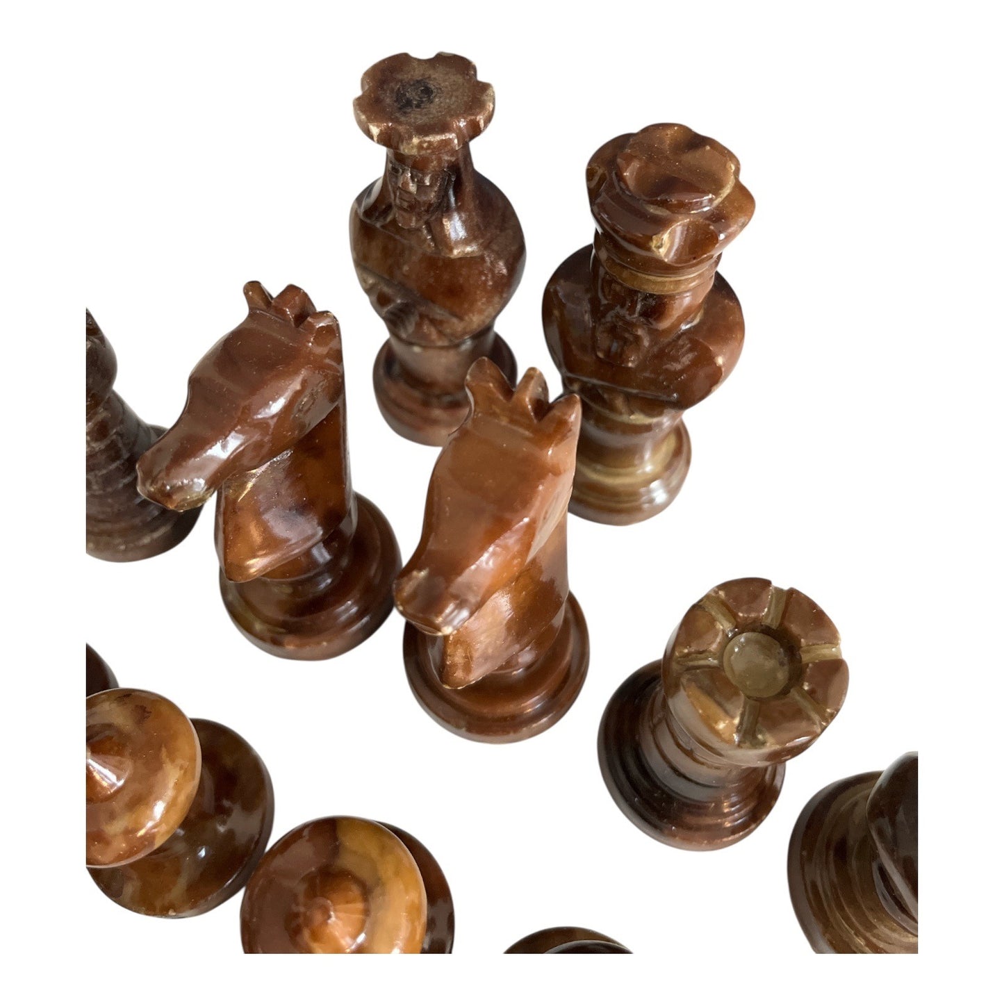 Vintage Italian Alabaster Chess Pieces – Handcarved by G. Bessi, Volterra – Brown Stone Half Set (16 pcs)