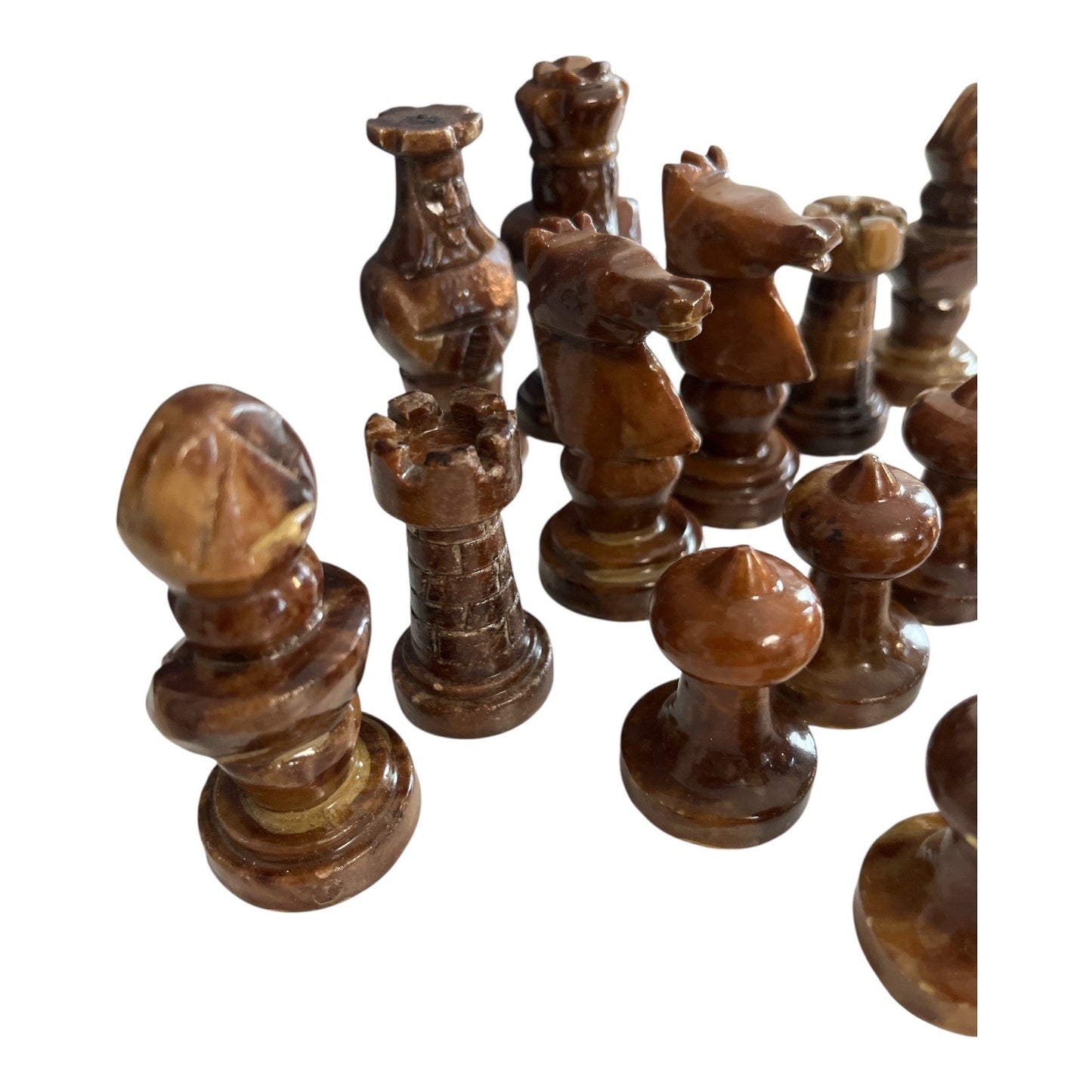 Vintage Italian Alabaster Chess Pieces – Handcarved by G. Bessi, Volterra – Brown Stone Half Set (16 pcs)