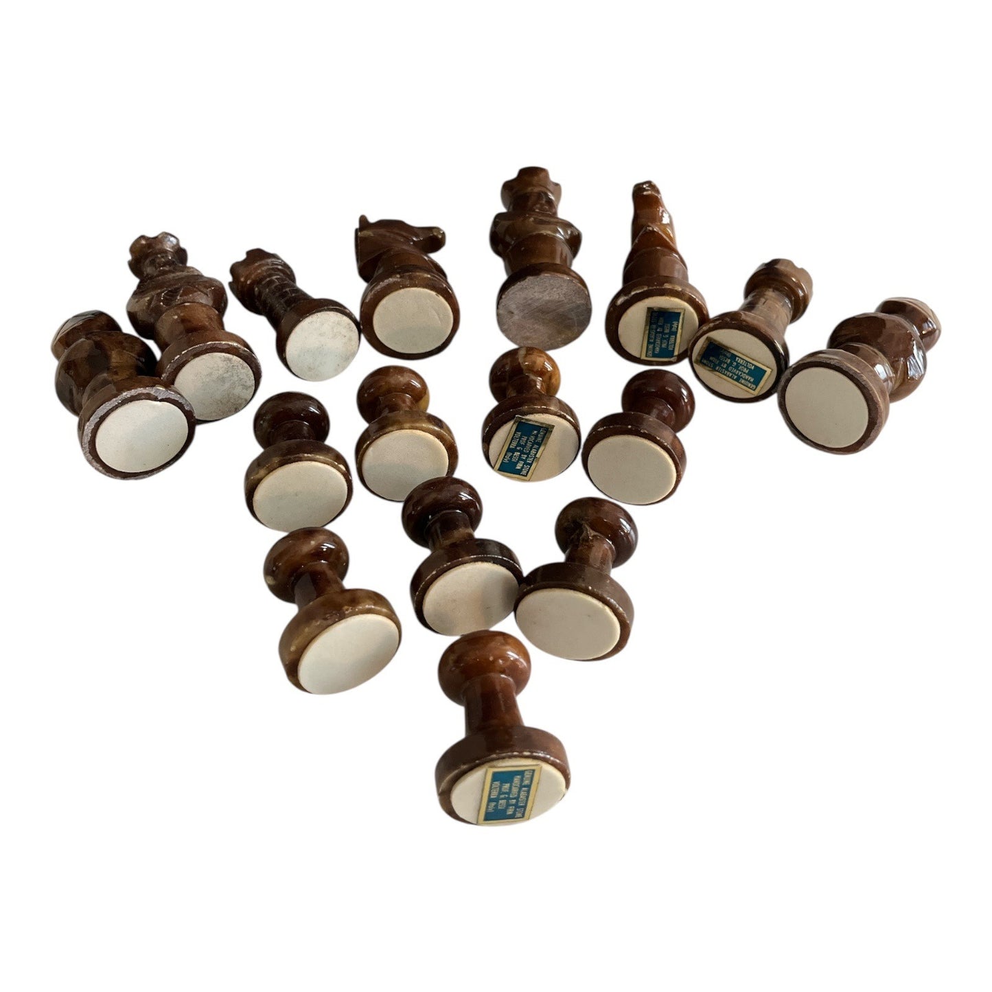 Vintage Italian Alabaster Chess Pieces – Handcarved by G. Bessi, Volterra – Brown Stone Half Set (16 pcs)