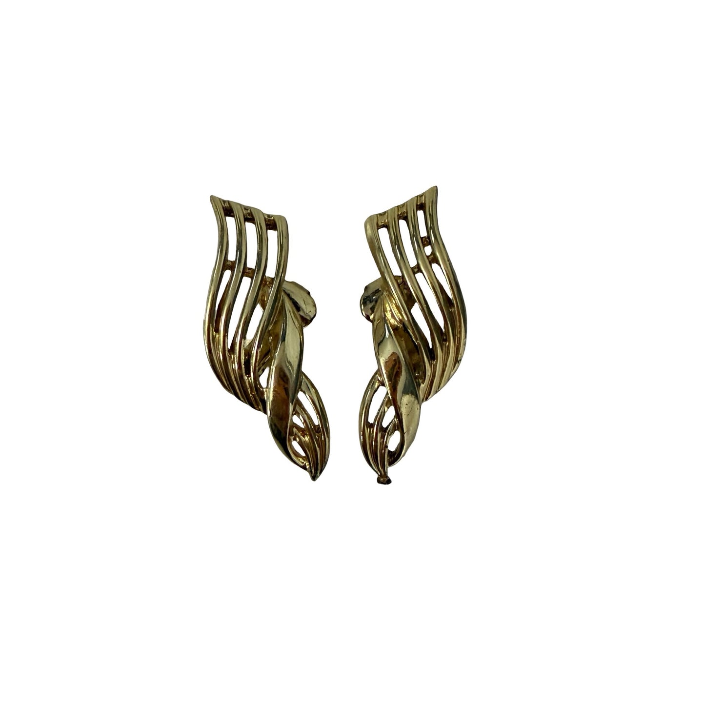 Coro Gold Tone Modernist Clip-On Earrings Mid Century Abstract Leaf Design