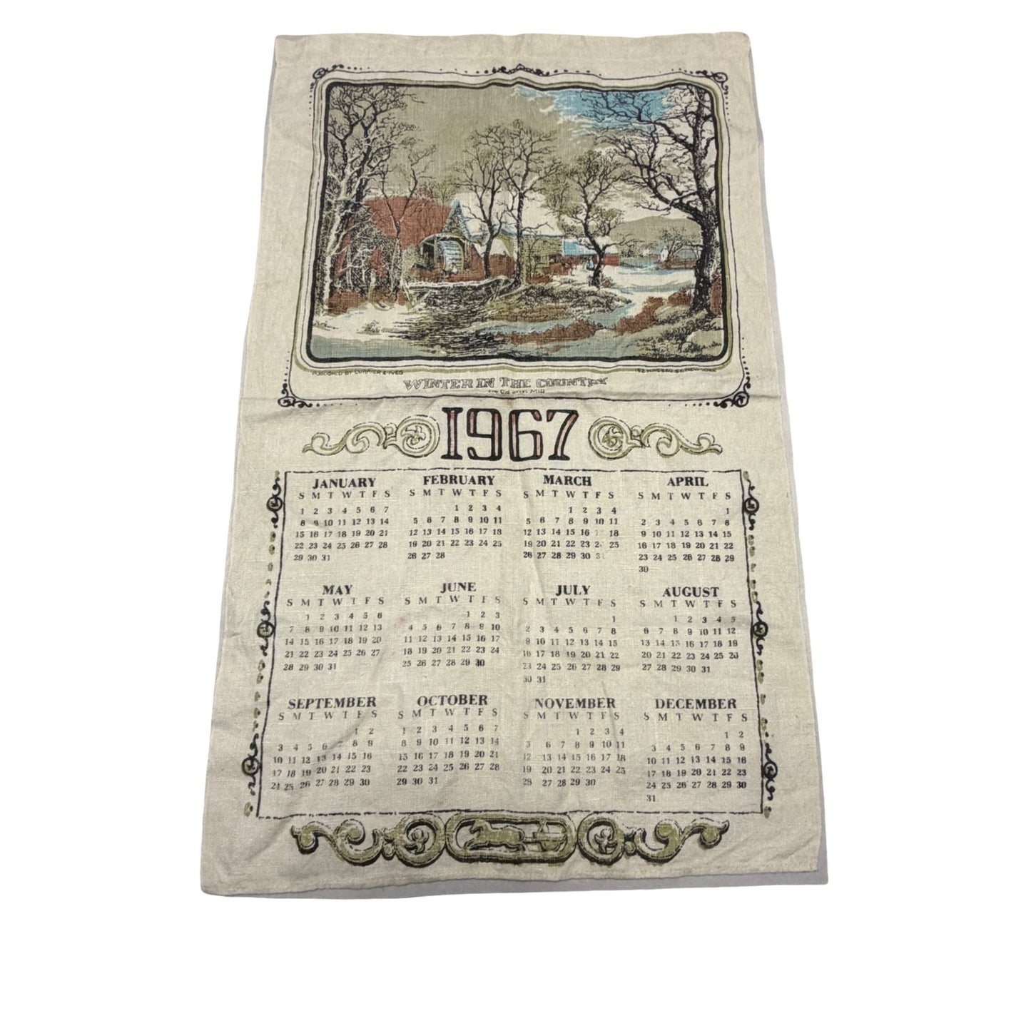 Vintage 1967 Linen Calendar Tea Towel Winter In The Country Old Grist Mill Currier Ives