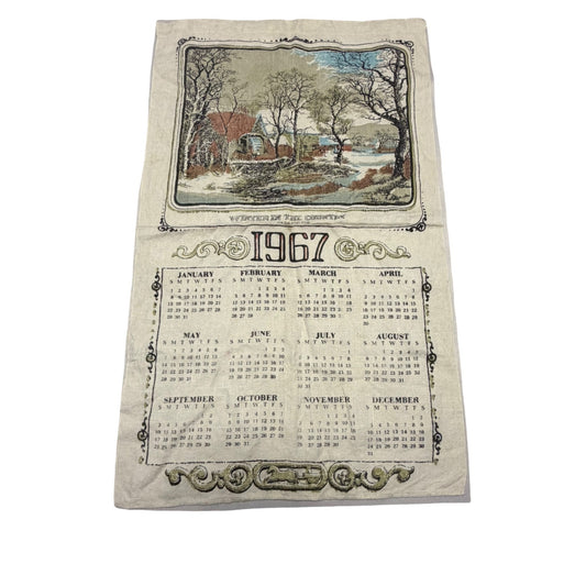 Vintage 1967 Linen Calendar Tea Towel Winter In The Country Old Grist Mill Currier Ives