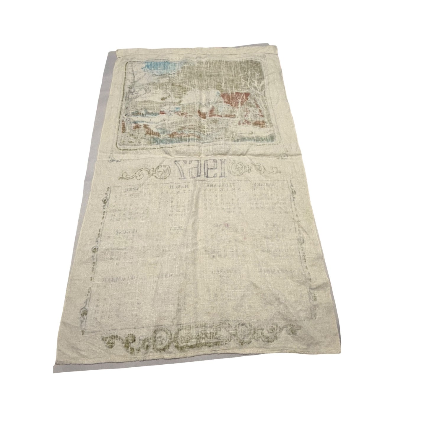Vintage 1967 Linen Calendar Tea Towel Winter In The Country Old Grist Mill Currier Ives