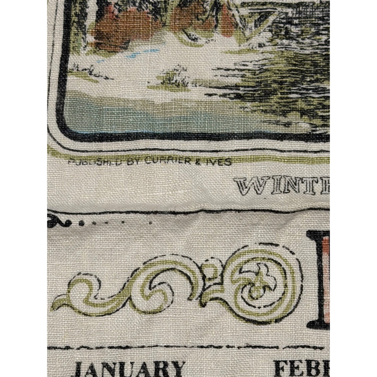 Vintage 1967 Linen Calendar Tea Towel Winter In The Country Old Grist Mill Currier Ives