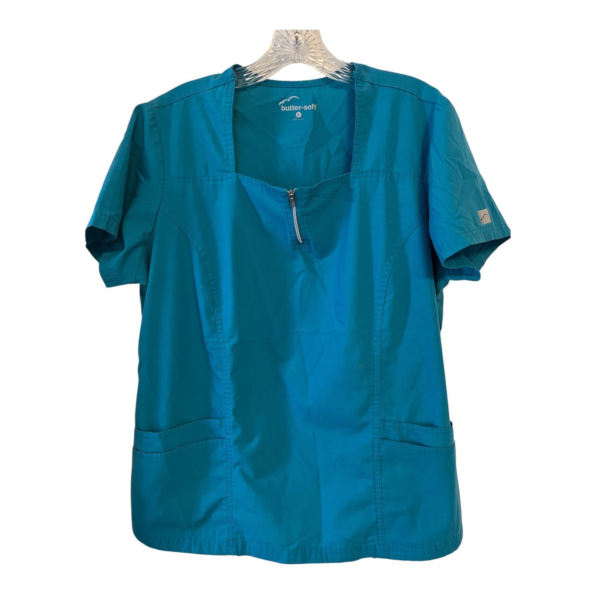 Butter-Soft Women's Teal Scrub Tops Size Large Lot of 3 Zip Neck 2 Pocket