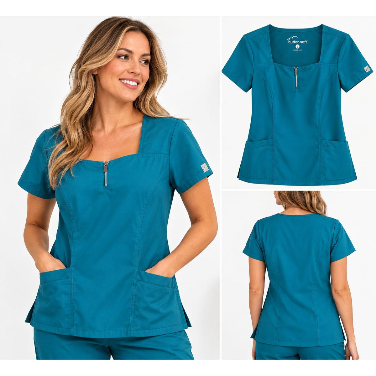 Butter-Soft Women's Teal Scrub Tops Size Large Lot of 3 Zip Neck 2 Pocket