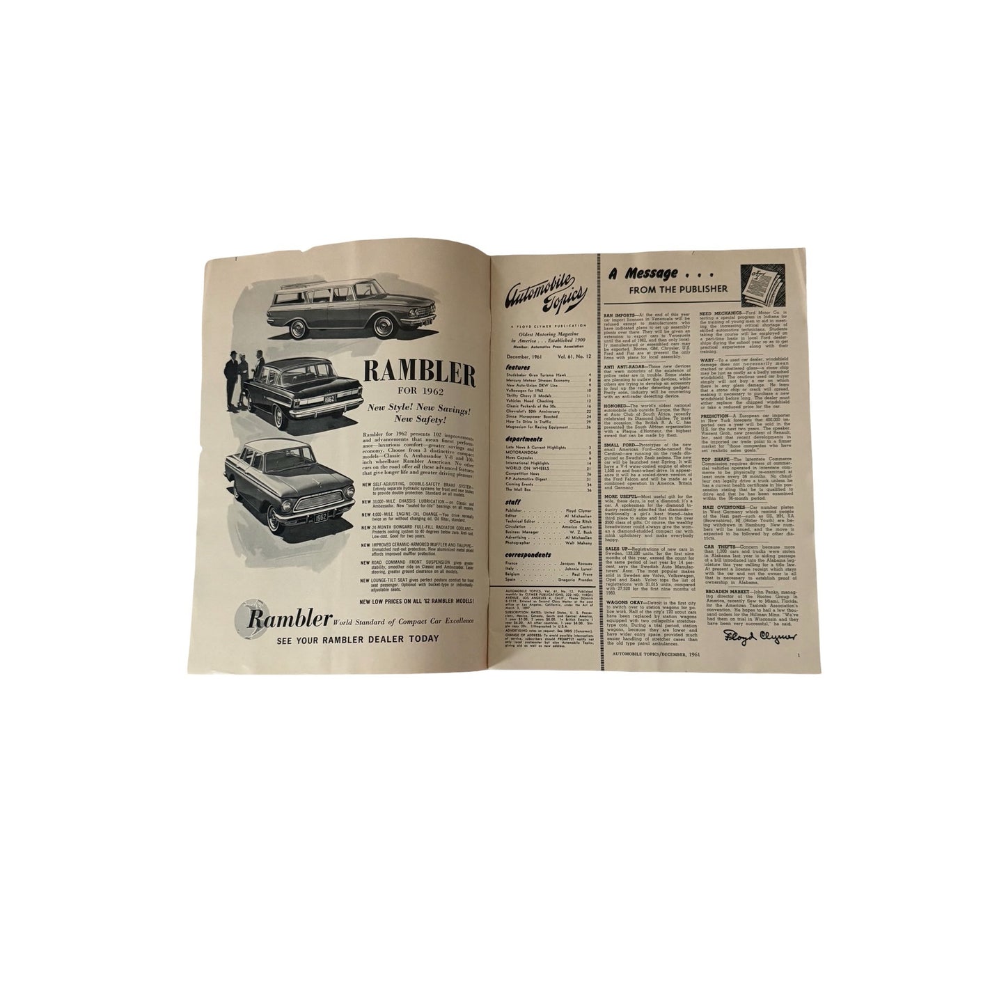 Floyd Clymer's Automobile Topics Magazine December 1961 Mercedes-Benz Studebaker VW