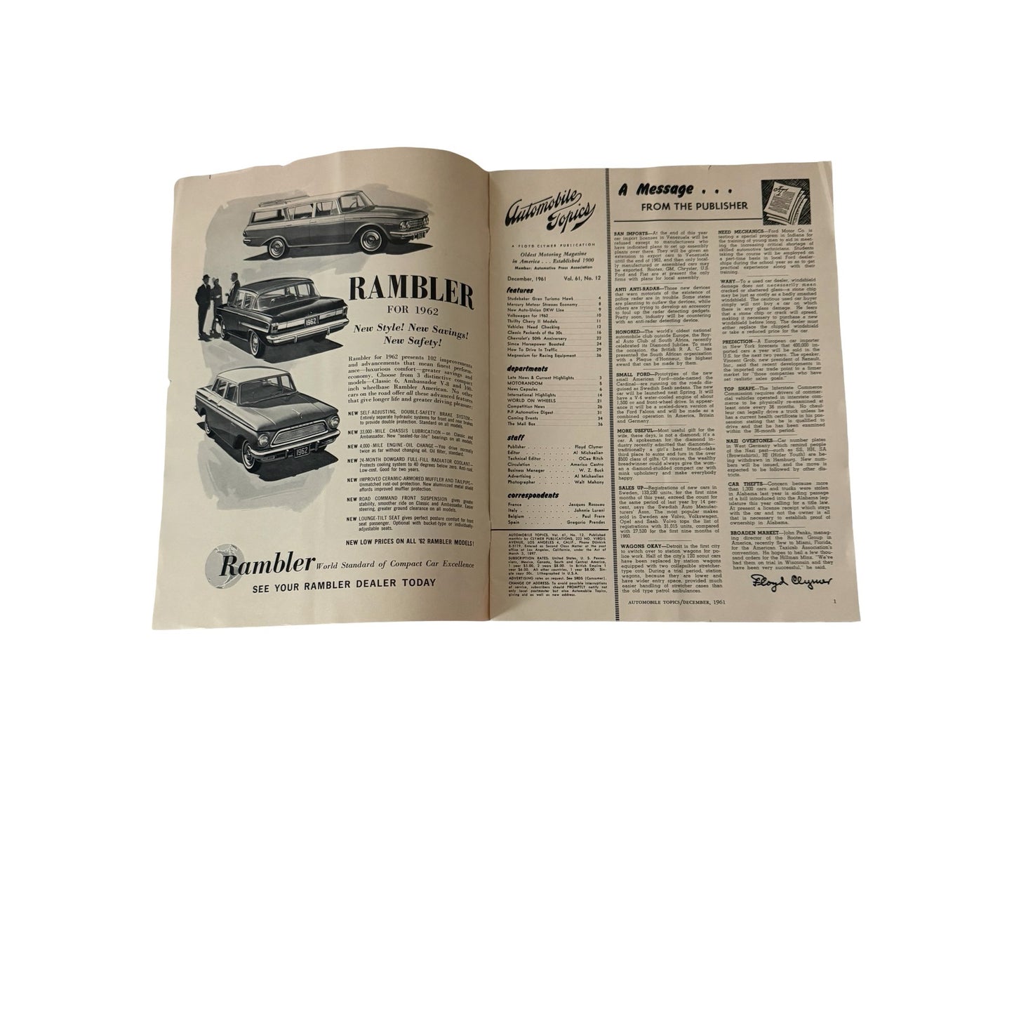 Floyd Clymer's Automobile Topics Magazine December 1961 Mercedes-Benz Studebaker VW