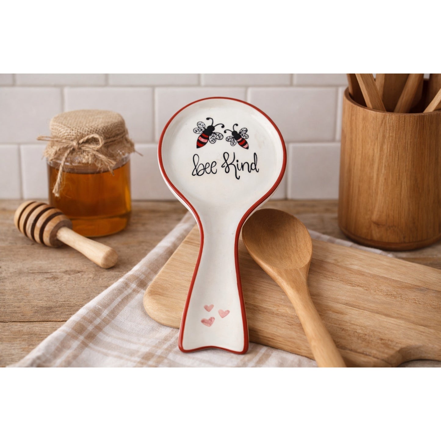 Fig & Fern Bee Kind Ceramic Spoon Rest White Red Farmhouse Kitchen