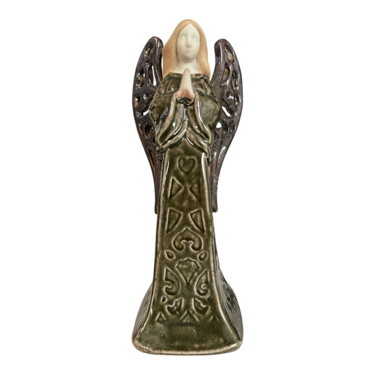 Ceramic Angel Figurine Earth Tone Glaze Praying Angel Sculpture 8 Inch