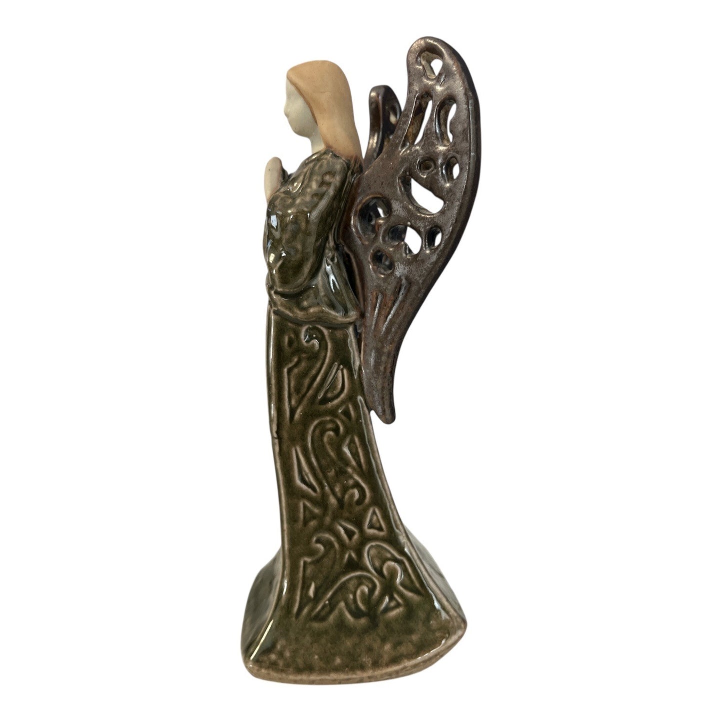Ceramic Angel Figurine Earth Tone Glaze Praying Angel Sculpture 8 Inch