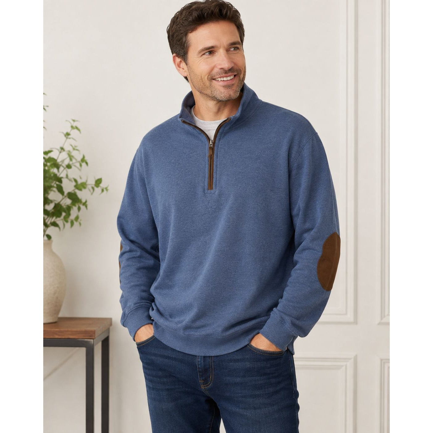 Cremieux Men's XXL Blue Quarter Zip Pullover Sweatshirt Faux Suede Elbow Patches
