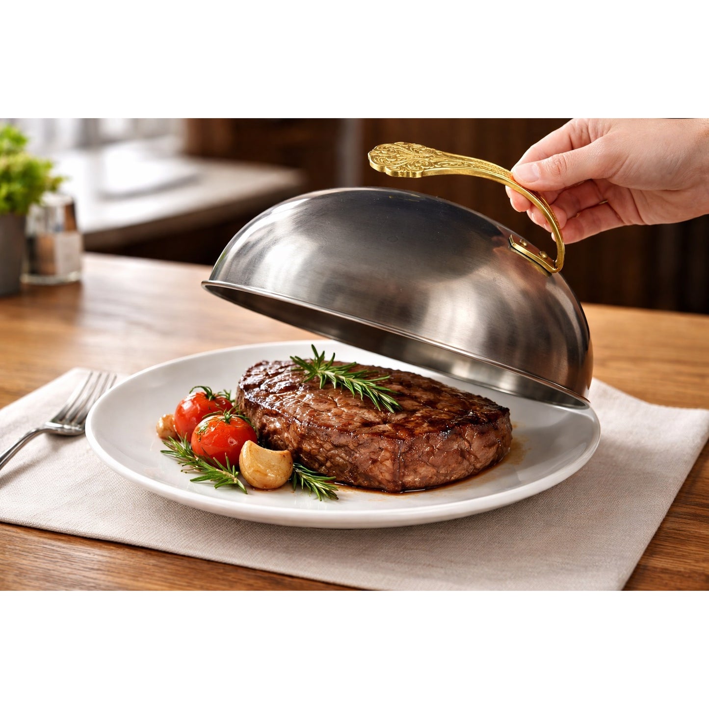 Vintage Endo Shoji 11” Steak Cover 18-8 Stainless Steel Brass Handle Japan