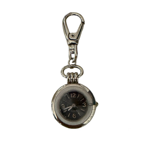Vintage Style Rotating Keychain Watch Quartz Japan Movement Purse Clip Silver Tone
