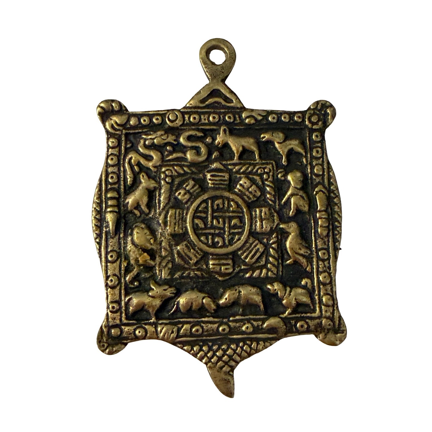 Vintage Brass Chinese Zodiac Pendant Buddhist Mandala Amulet Charm 2 Inch
