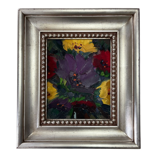 Framed Floral Oil Painting on Canvas – Heavy Silver Beaded Frame