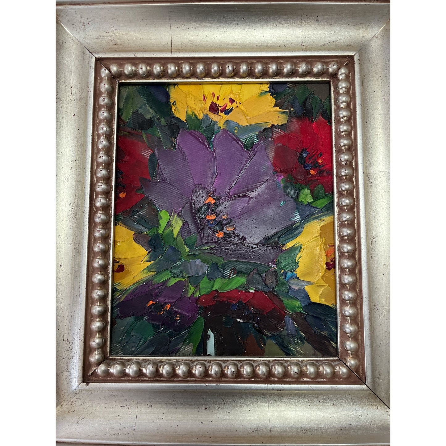 Framed Floral Oil Painting on Canvas – Heavy Silver Beaded Frame