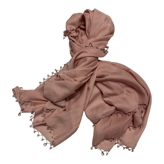 Vintage Rose Pink Sheer Scarf with Beaded Trim – 40” Square Wrap Shawl