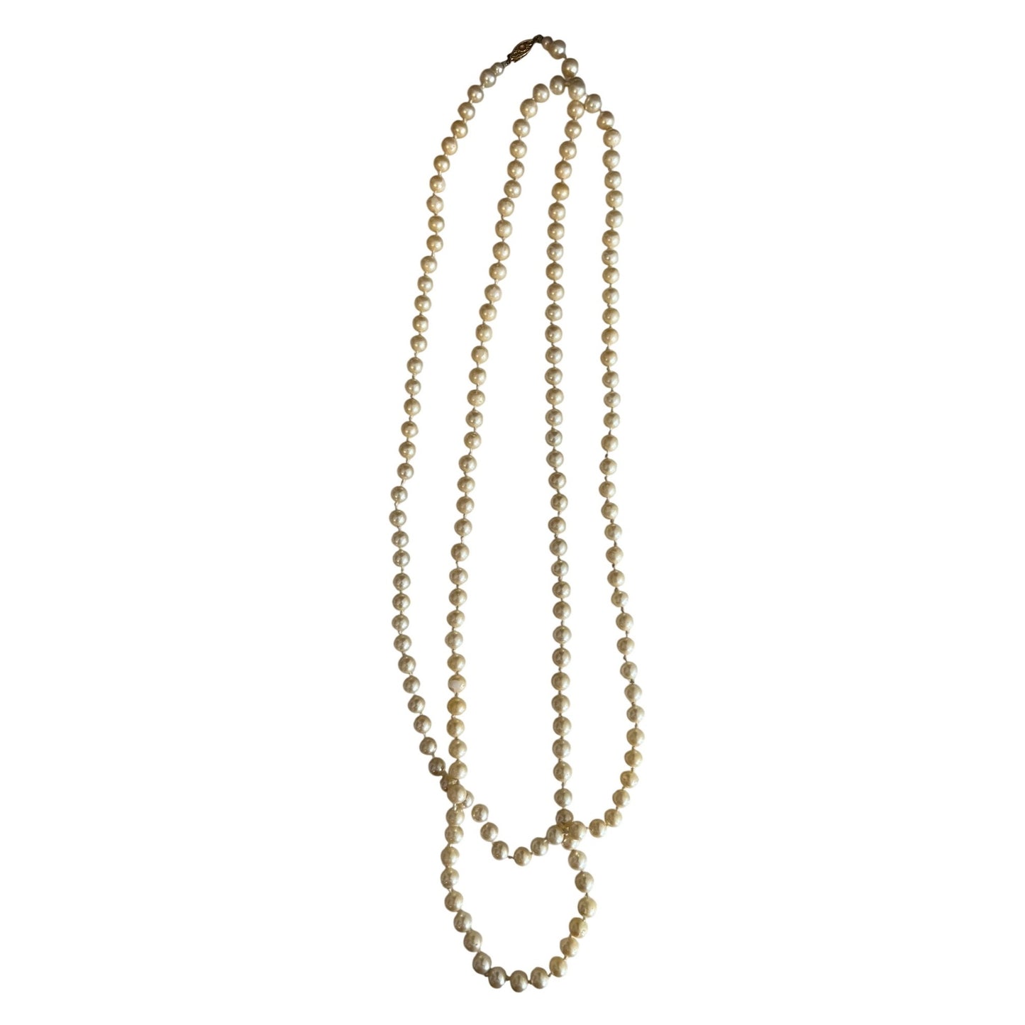 Vintage Cultured Pearl Necklace 64” Long Strand Uniform Japan Clasp Classic Jewelry