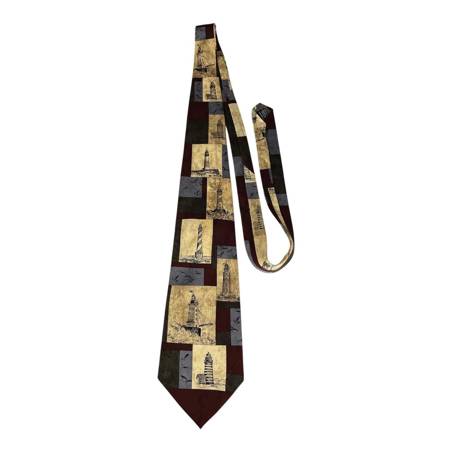 Eagles Wings Lighthouse Silk Necktie Nautical Coastal Pattern Made in Korea 57x4