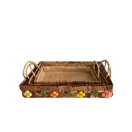 Vintage Woven Nesting Serving Tray Set Rope Handles Floral Boho Cottage Decor Set of 3