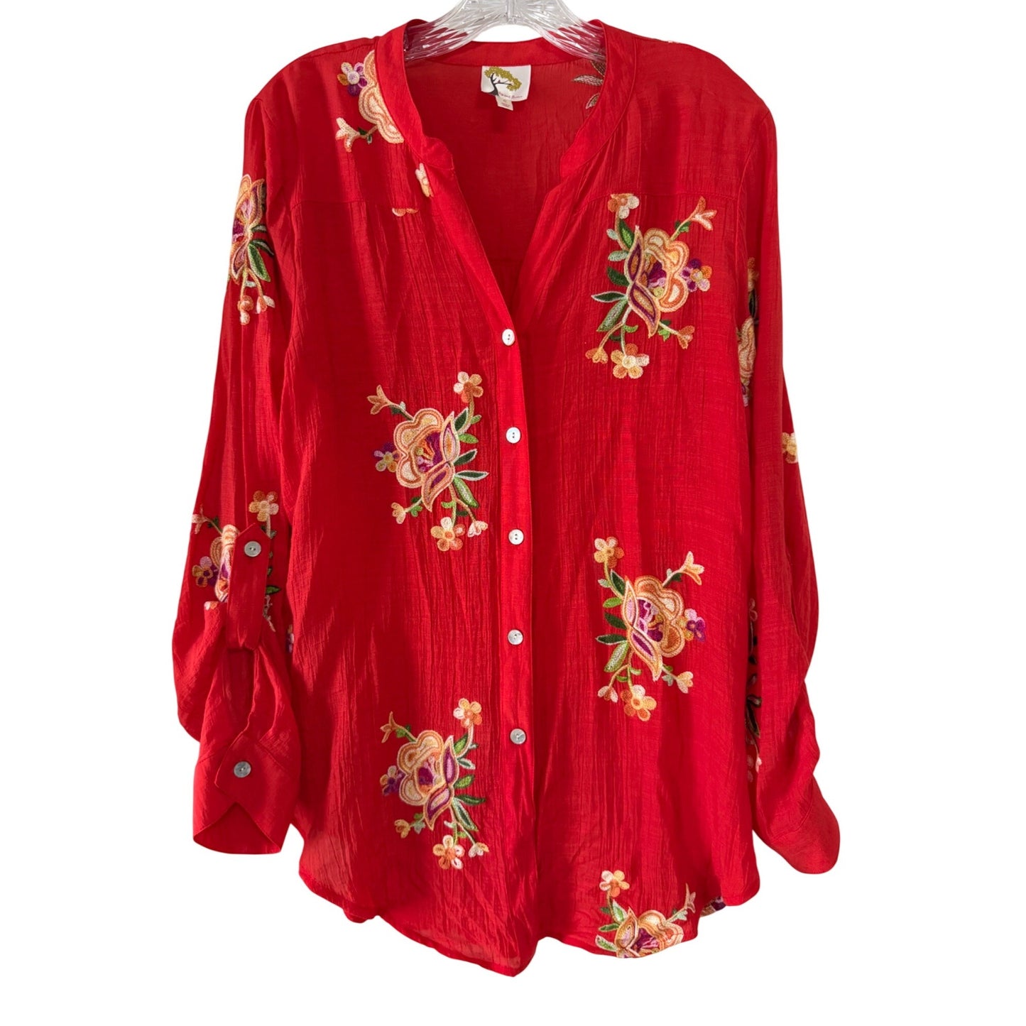 Fig and Flower Women’s Large Red Embroidered Boho Blouse Floral Roll Tab Sleeves