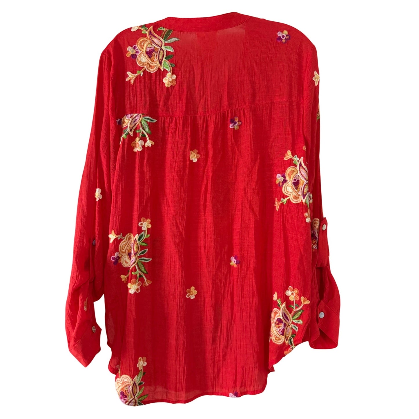 Fig and Flower Women’s Large Red Embroidered Boho Blouse Floral Roll Tab Sleeves