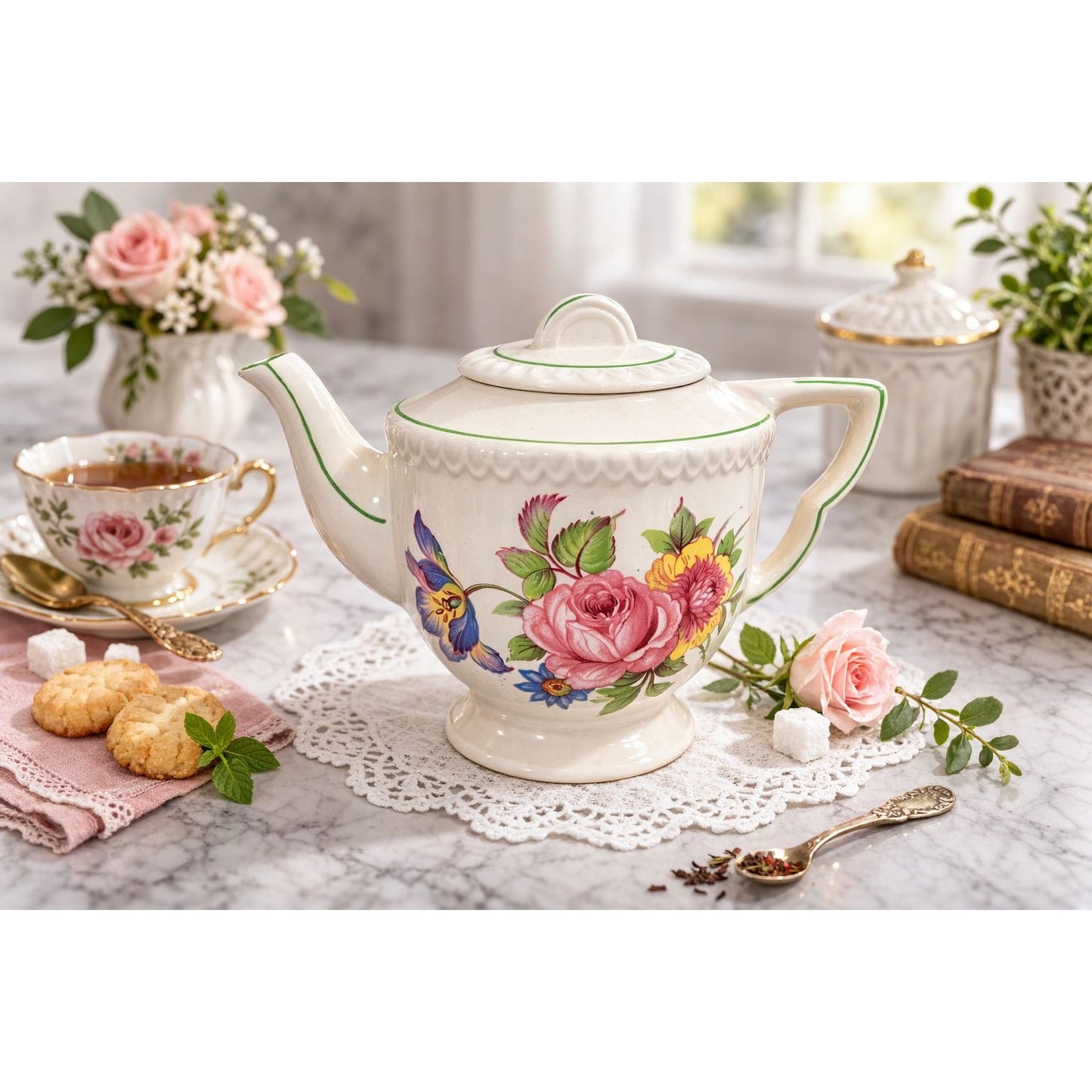 Vintage Floral Teapot Made in England Embossed Ceramic Tea Pot Cottage Style