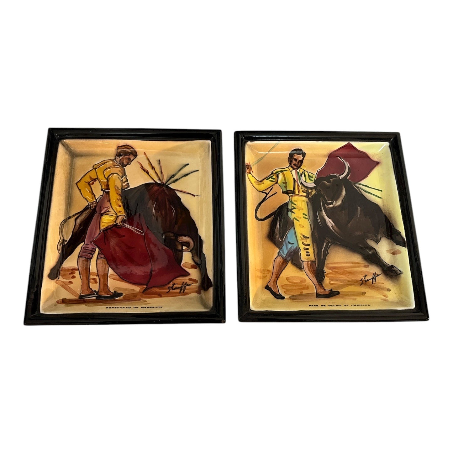 Vintage Set of 2 Spanish Bullfighter Ceramic Wall Plaques Signed Stauffer Made in Japan