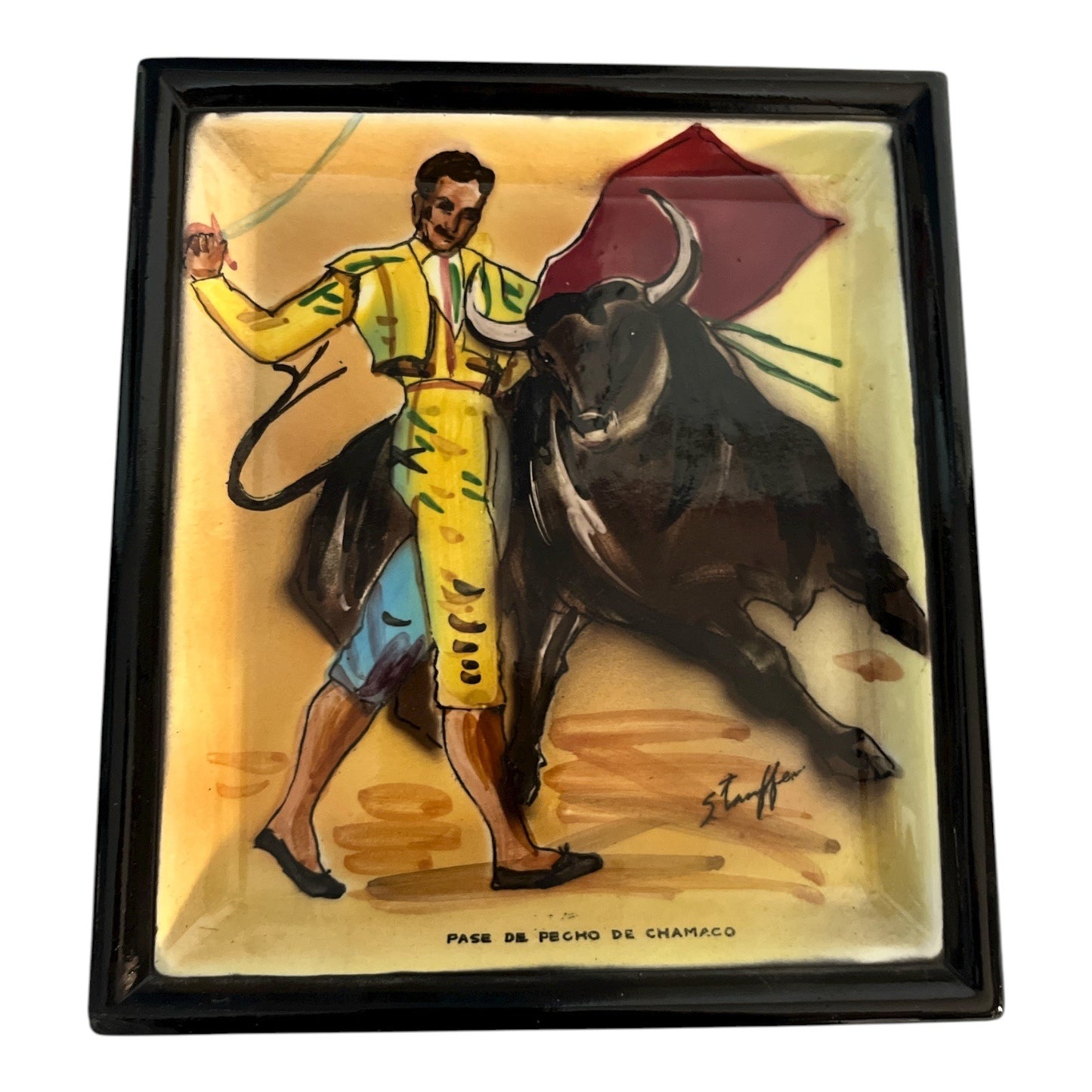 Vintage Set of 2 Spanish Bullfighter Ceramic Wall Plaques Signed Stauffer Made in Japan