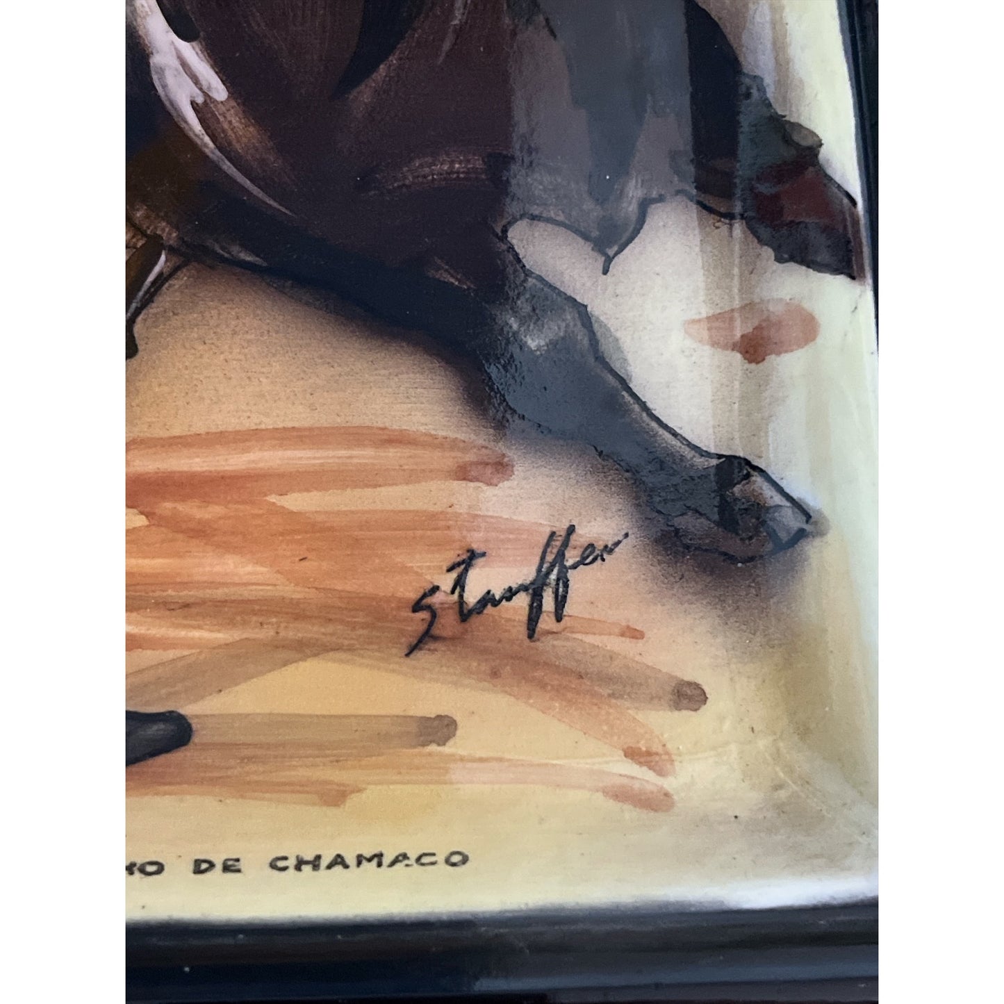 Vintage Set of 2 Spanish Bullfighter Ceramic Wall Plaques Signed Stauffer Made in Japan