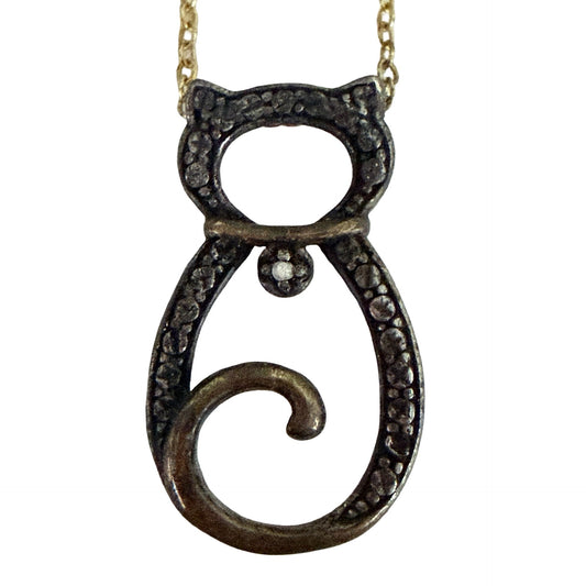 Vintage Cat Pendant Necklace 16" Curled Tail Rhinestone Mixed Metal