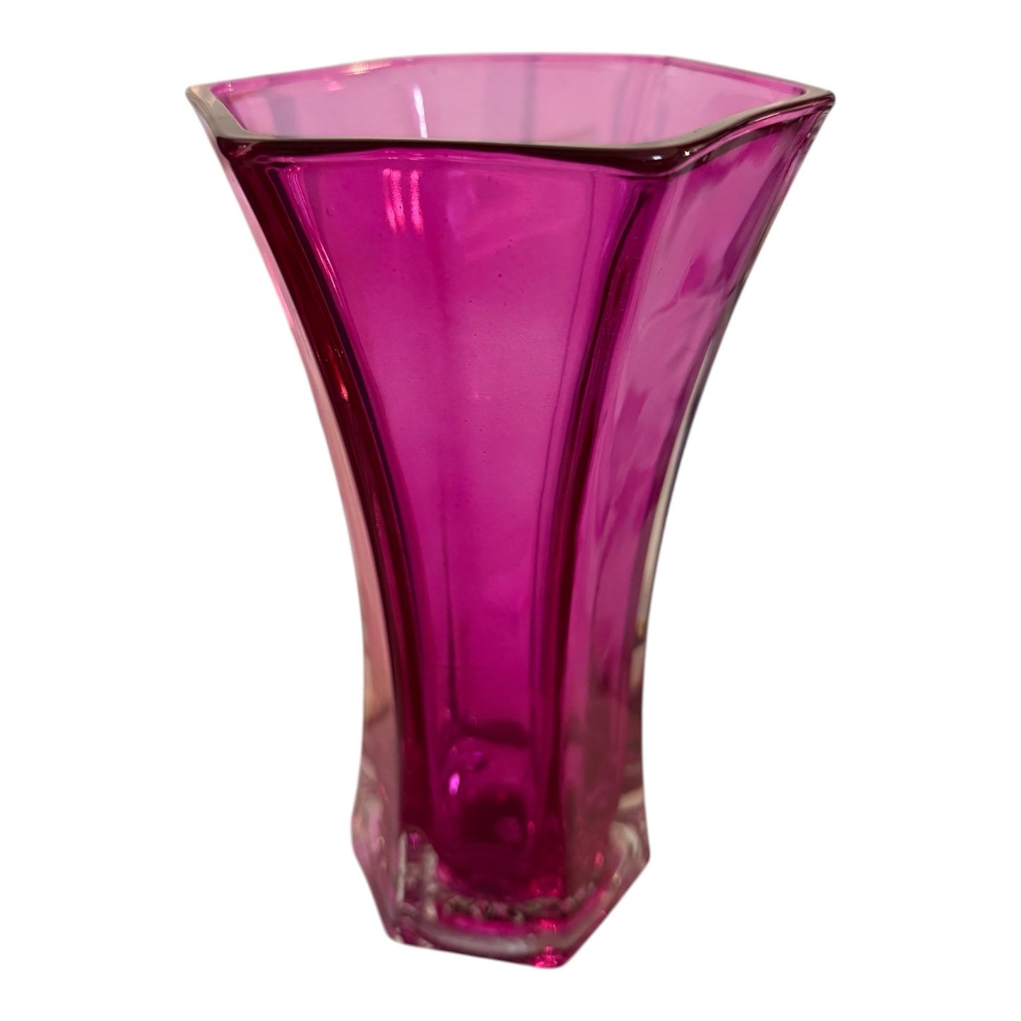 Hoosier Glass Pink Magenta Hexagonal Flared Vase Vintage 9 Inch