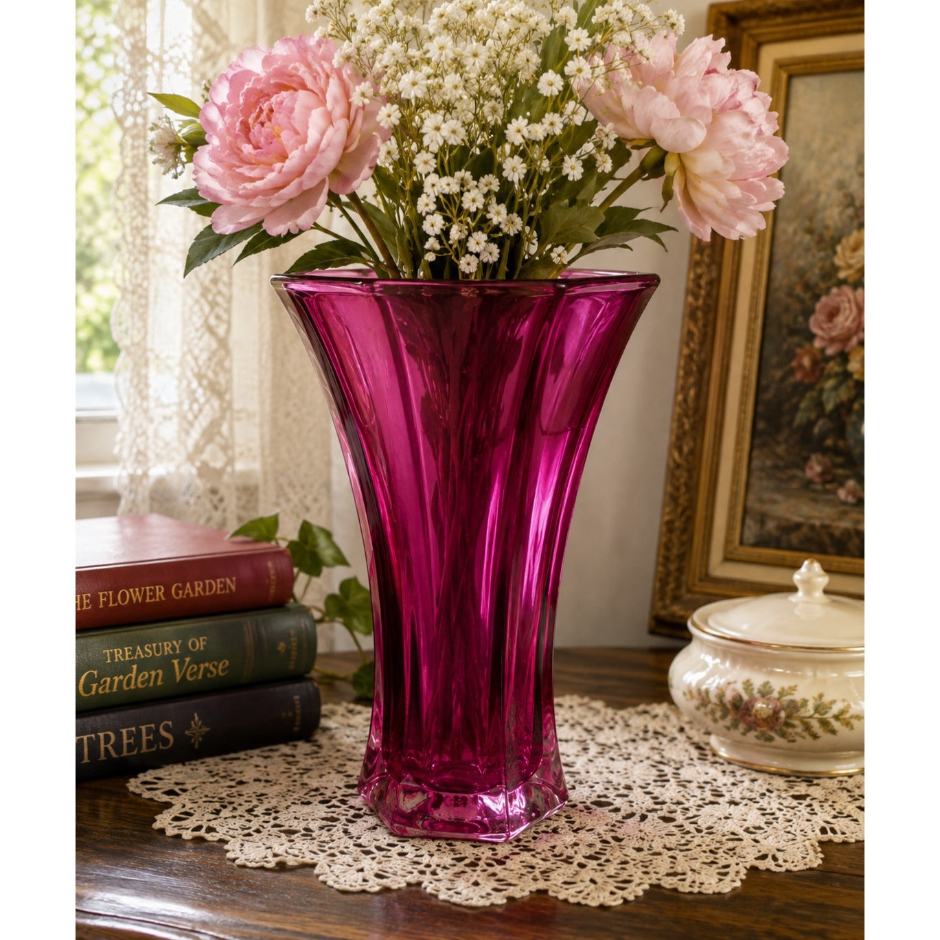 Hoosier Glass Pink Magenta Hexagonal Flared Vase Vintage 9 Inch