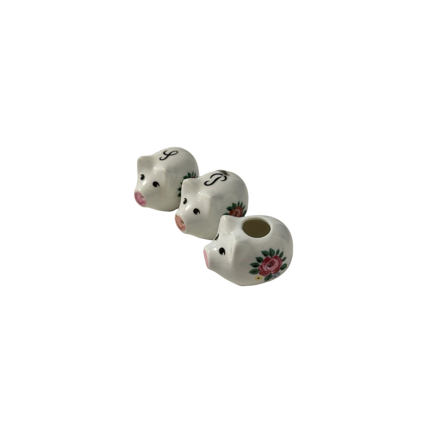 Vintage Pig Salt Pepper Shakers Toothpick Holder Set Floral Ceramic Taiwan