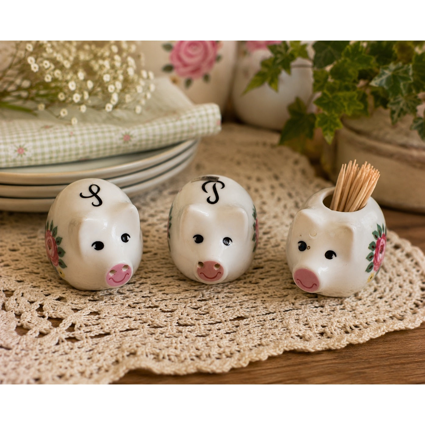 Vintage Pig Salt Pepper Shakers Toothpick Holder Set Floral Ceramic Taiwan