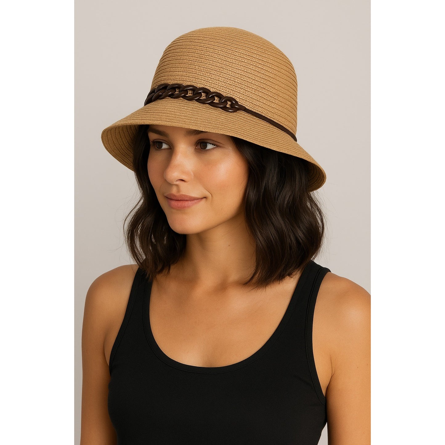 San Diego Hat Company Women’s Straw Cloche Hat Brown Chain Trim One Size