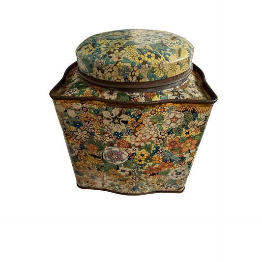 Vintage Daher Floral Tin Canister with Lid Made in England Metal Storage Box Cottagecore 5x4