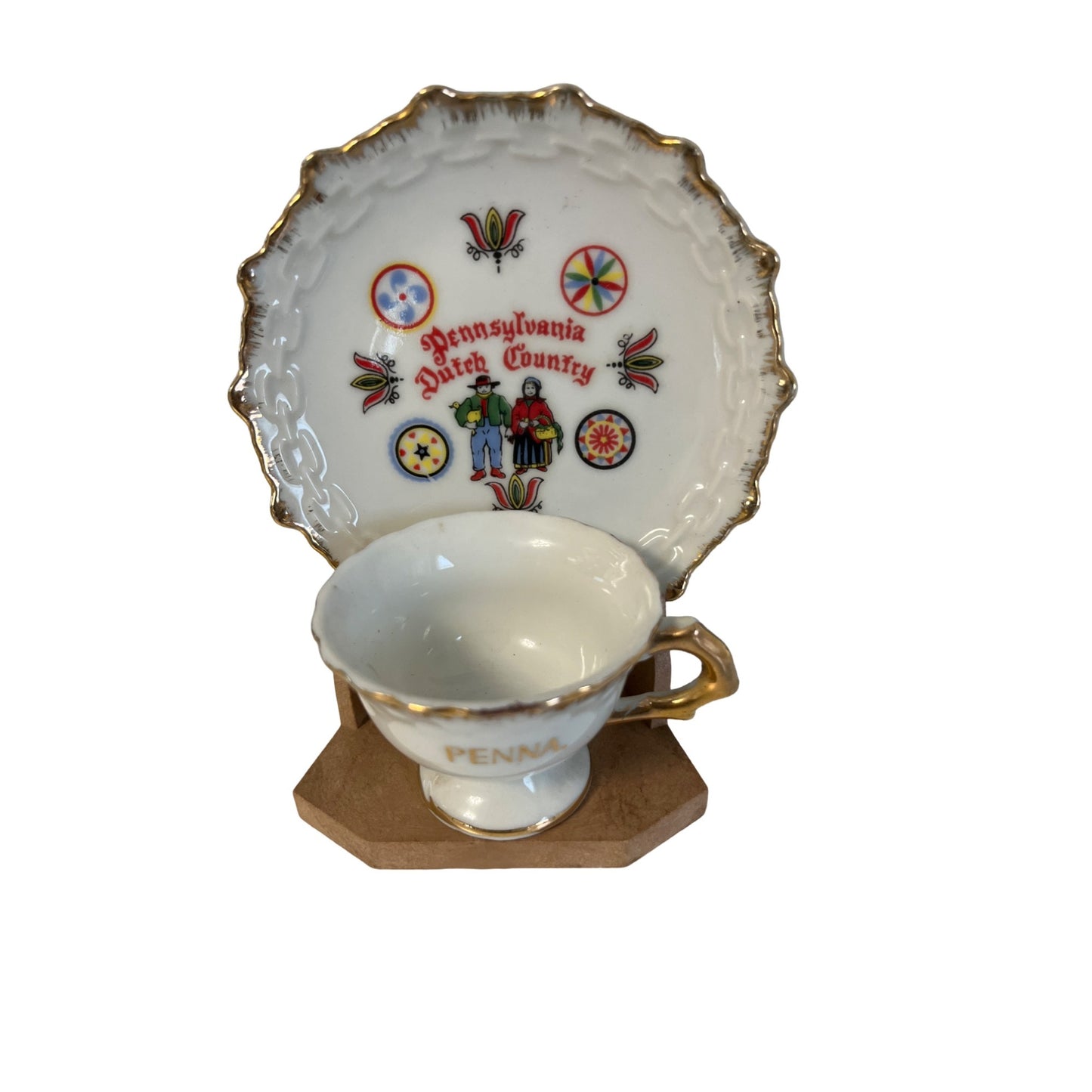 Vintage Pennsylvania Dutch Country Demitasse Cup & Saucer Set Japan Gold Trim Mini Souvenir