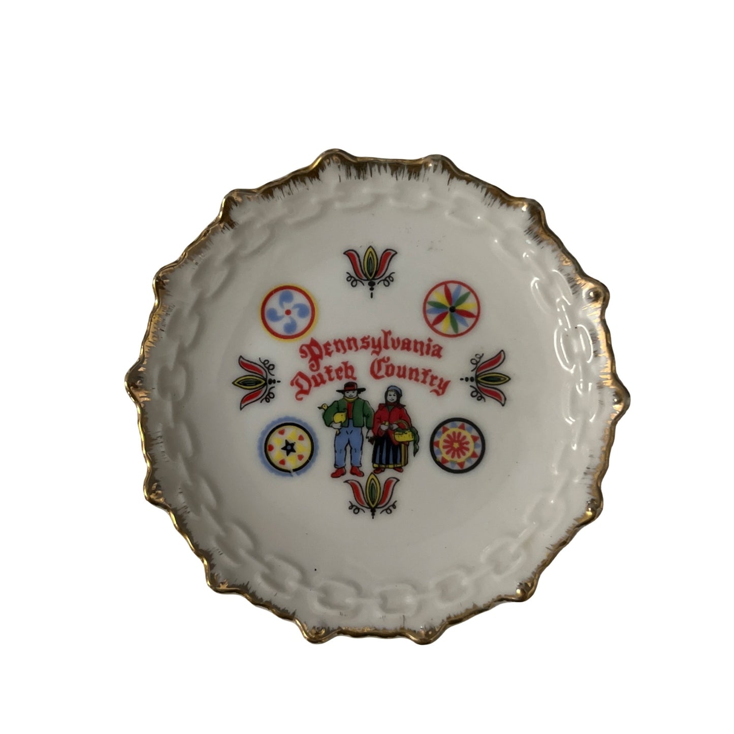 Vintage Pennsylvania Dutch Country Demitasse Cup & Saucer Set Japan Gold Trim Mini Souvenir