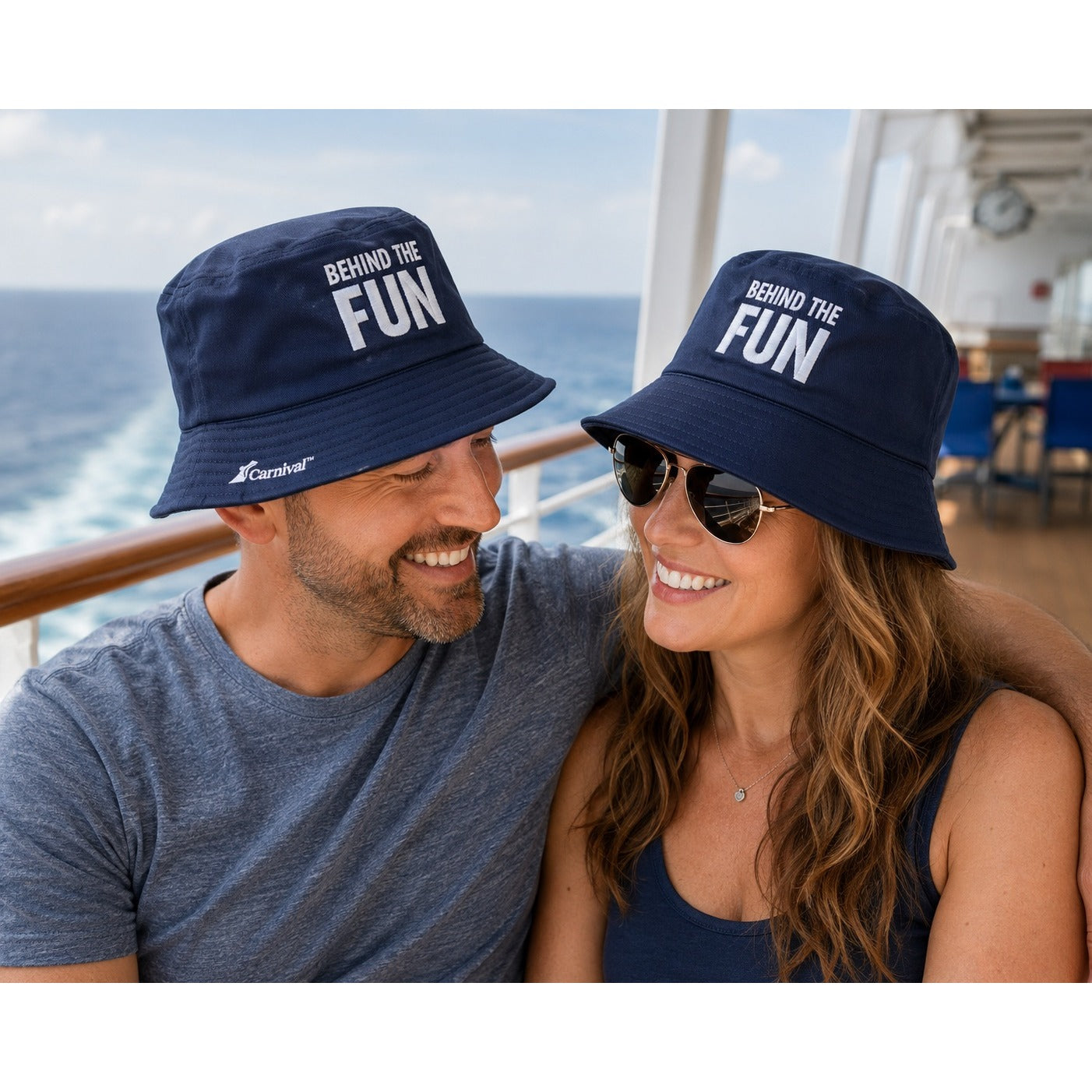 Carnival Cruise Behind the Fun Bucket Hats Set of 2 Navy Blue Embroidered 24 Inch