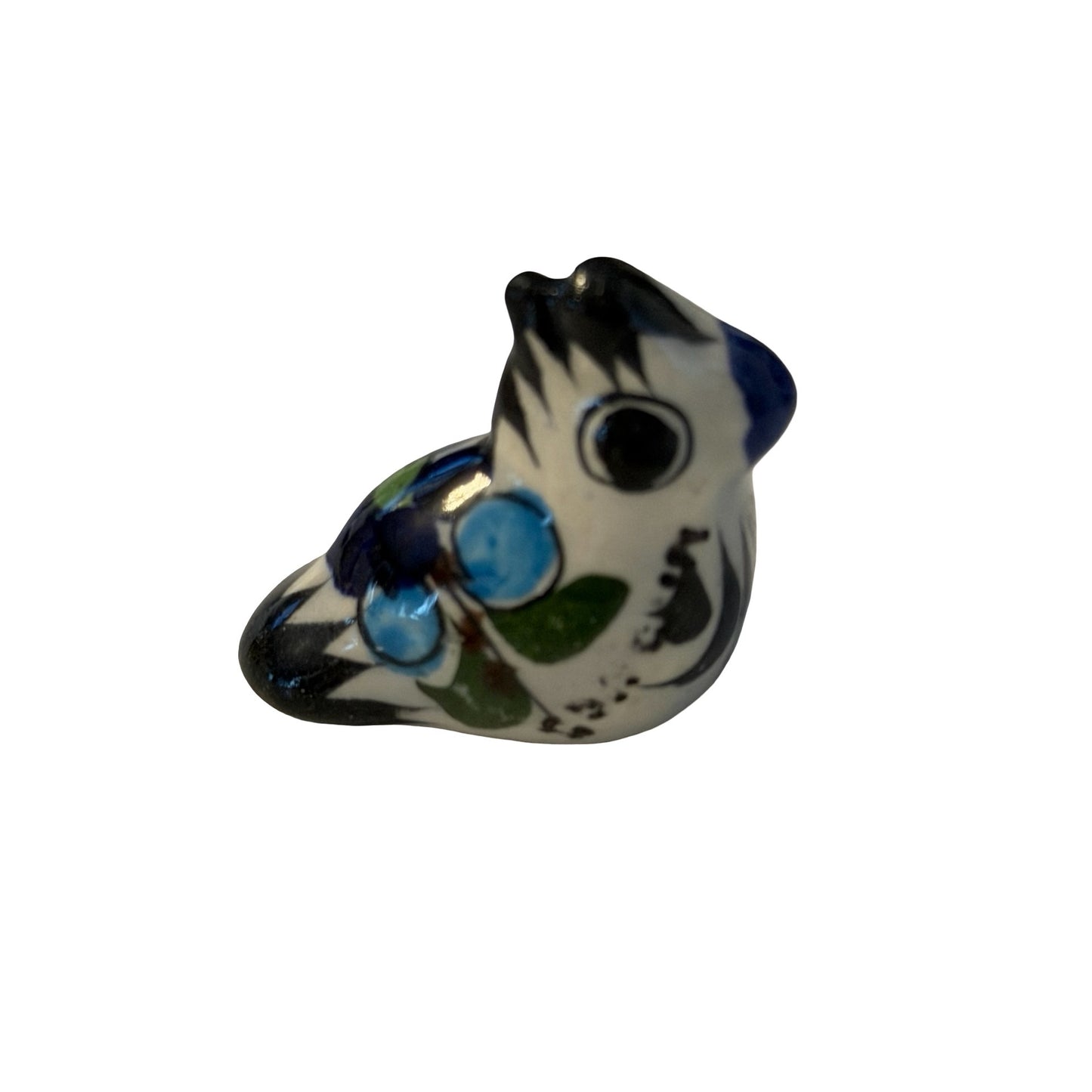 Hand Painted Ceramic Bird Figurine Miniature Blue Floral Pottery Bird Signed 1.5"