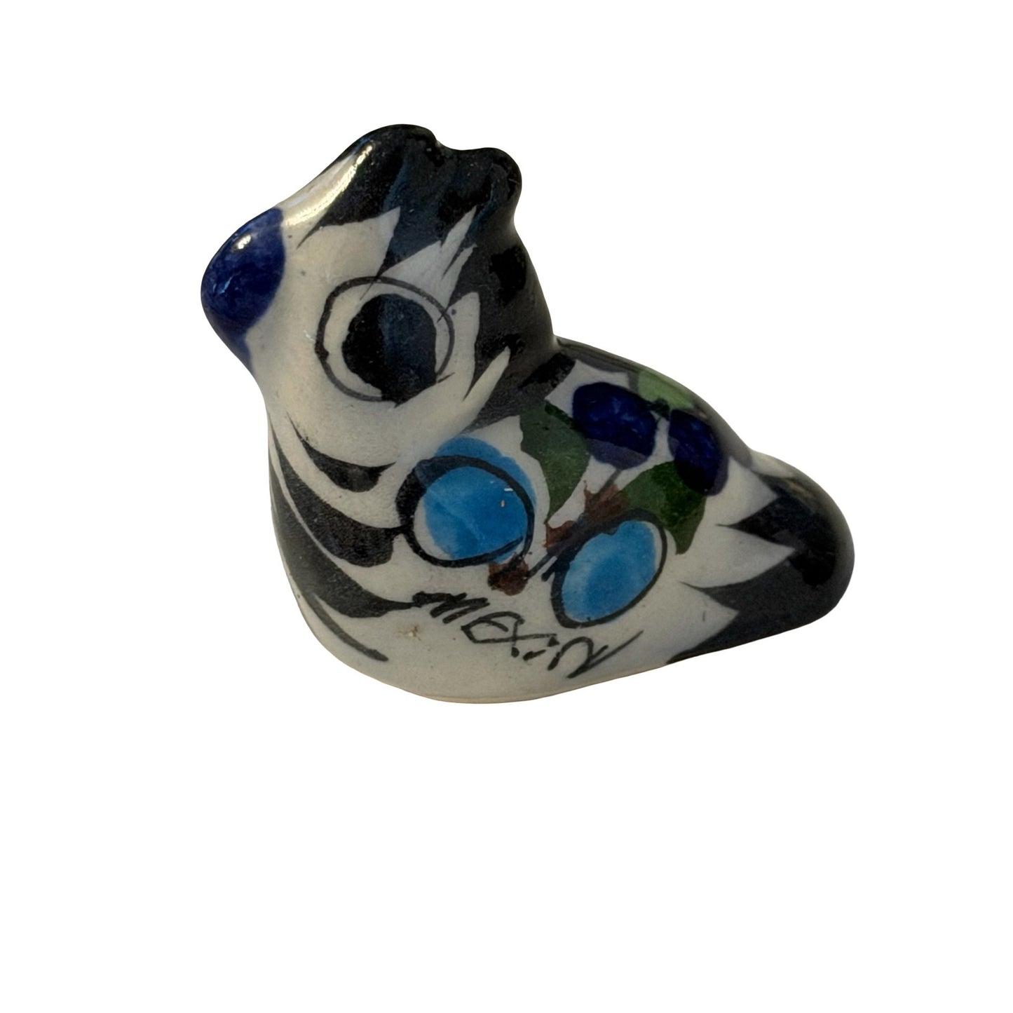 Hand Painted Ceramic Bird Figurine Miniature Blue Floral Pottery Bird Signed 1.5"
