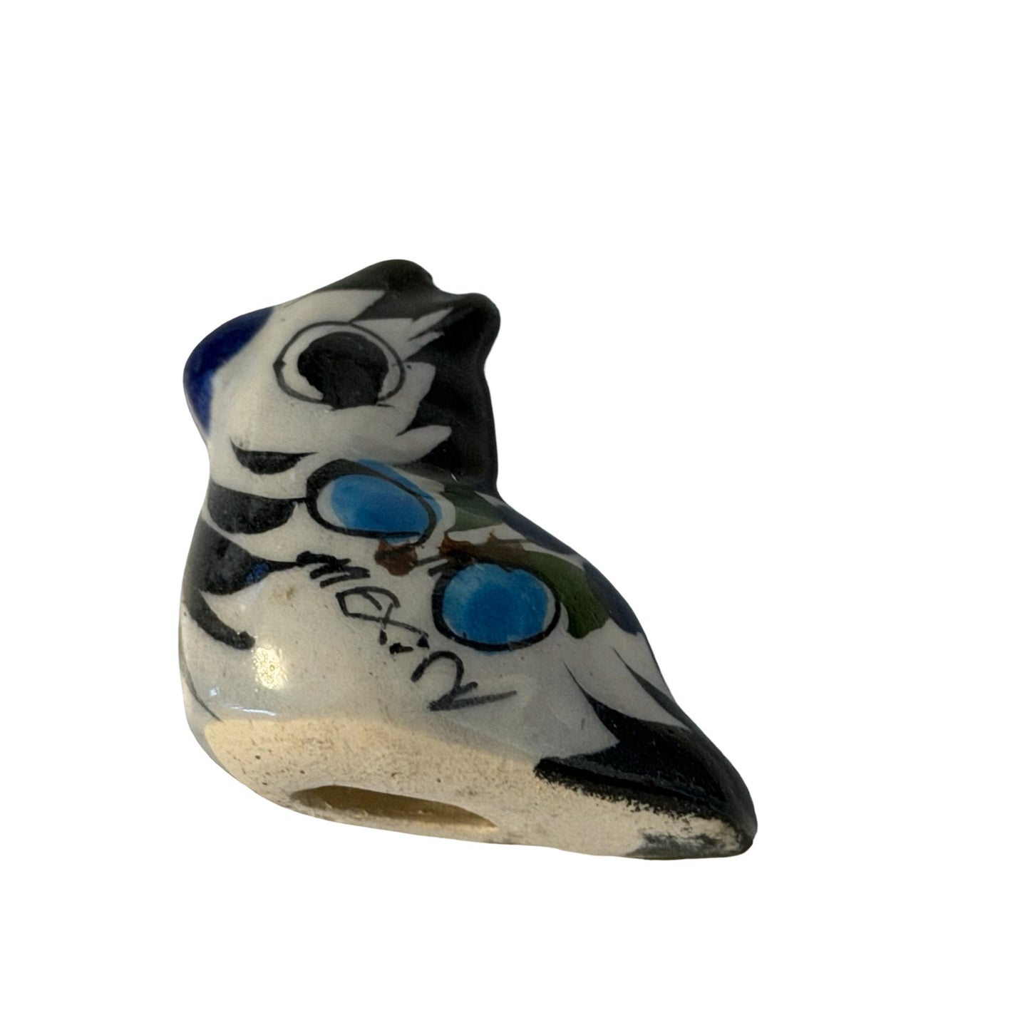 Hand Painted Ceramic Bird Figurine Miniature Blue Floral Pottery Bird Signed 1.5"